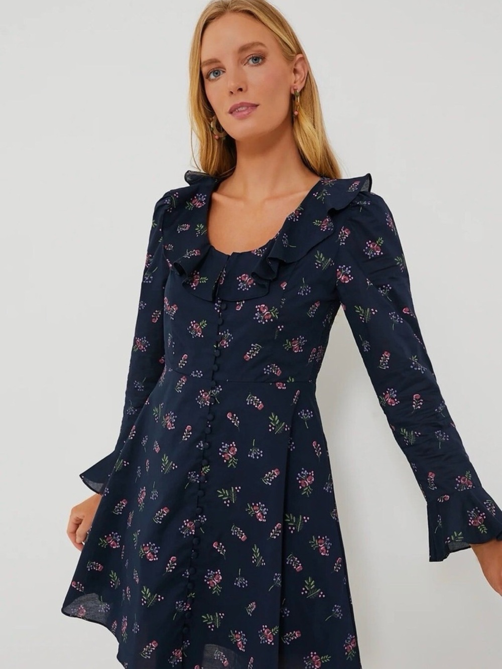 Hyacinth House M Navy Floral Ruffle Long-Sleeve Dress Boho Preppy Fall Flirty